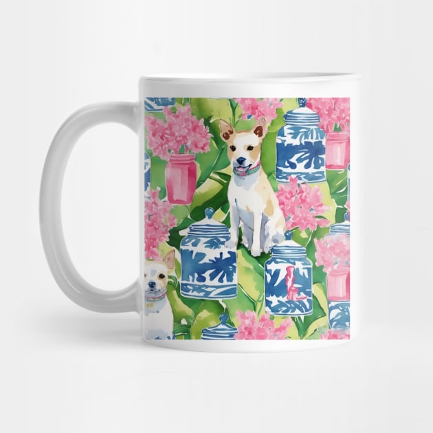 Terriers, cherry blossom, and chinoiserie jars by SophieClimaArt